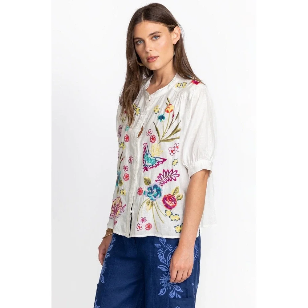 Johnny Was XL Jessi Shirred Yoke Blouse White Linen Embroidered Button Up Top - Picture 6 of 14